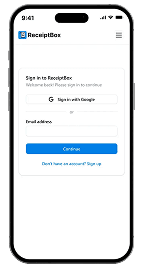Receiptbox mobile sign-in screen